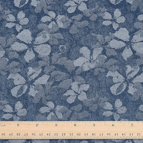 PH PandaHall Tissu Denim Imprimé Fleurs au mètre Largeur 1.4m Tissu à Coudre à Motif Floral Tissus Bleus pour Loisirs Créatifs Tissus Denim Vintage pour Couture Artisanat Jeans Vêtements Matelassage