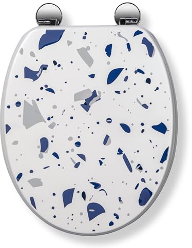 Croydex Asiento de inodoro con estampado de terrazo azul con bisagras Flexi-Fix, revestimiento antibacteriano, madera duradera con certificación FSC y se adapta a sartenes estándar del Reino Unido