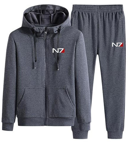 Herr träningsoverall, hel dragkedja med huva, topp och byxor med dragsko, 2-delat set, helärmad huvad gymnastikdräkt för Mass Effect N7, avslappnad träningsoverall,Grey-xx_l