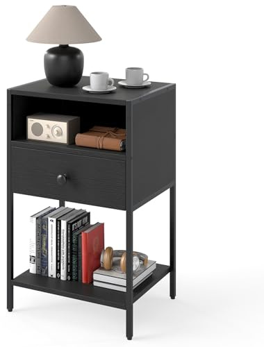 COSTWAY Bedside Table, Industrial Nightstand End Sofa Side Table with Drawer and Storage Shelves, Metal Frame Wooden Small Bedside Cabinet for Living Room Bedroom, 40x32x65cm (1, Black)