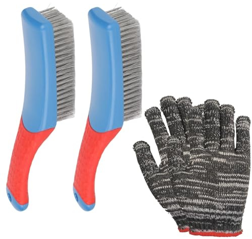 2 stycken trådborstar i rostfritt stål med silikonhandtag och 1 par robusta grå handskar för grillrengöring, kök, rostborttagning och metallpolering