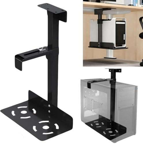 Xtrillogen PC-hållare under skrivbord, justerbart PC-stativ för 50–530 mm, kolstål dator vägghållare, datorhållare skrivbord för de flesta värdare, maximal lastkapacitet 35 kg (svart)