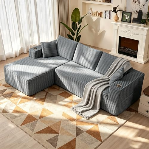 Scisola Divano Modulare a Forma di L Divano ad Angolo Divano Letto, Boneless Couch con Portabicchieri, Liberamente Componibile Divano a 3 Posti 4 Posti Sofa Soggiorno Appartamento 261x146x60cm, Grigio