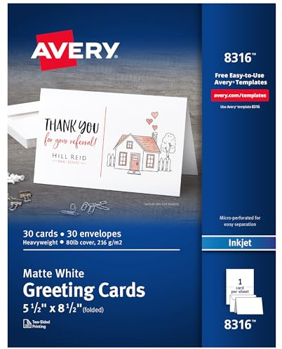 Avery Printable Greeting Cards with Envelopes, Half-Fold, 5.5 x 8.5, Matte White, 30 Blank Greeting Cards for Inkjet Printers (08316)