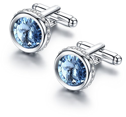 Austria Crystal Cufflinks for Men, Classic Round Silver Tone Shirt Cuff Links for Wedding Business Formal Event, Groom Groomsmen Jewelry Gift for Him (Blue)