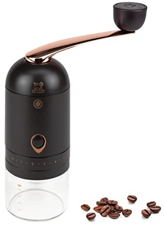 PEUGEOT - Manuelle Kaffeemühle L'Abre á Café - Einstellbares Stahlmahlwerk - Höhe: 20 cm - Modernes Design in Kaffeebraun mit kupferfarbenden Highlights - Inkl. Dosierlöffel und Pinsel