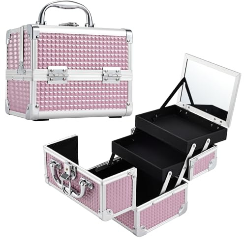 Joligrace Kids Vanity Case Makeup Organiser Box Beauty Case Nail Polish Organiser Box Small Make Up Case with Mirror, 2 Trays, Lockable, Size: 19.5 x 15 x 16cm (Pink)