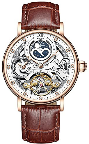 rorios Herren Uhren Mondphase Automatikuhr Mechanische mit Lederarmband Wasserdicht Skeleton Tourbillon Uhren Mode Diamant Uhren für Männer