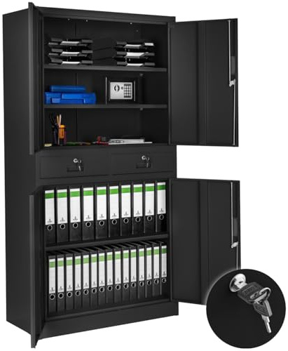 tectake Armoire de Rangement Metal Armoire de Bureau avec Serrure 4 Portes battantes et 2 tiroirs verrouillables pour Rangement Dossier, 80 x 40 x 180 cm - Noir