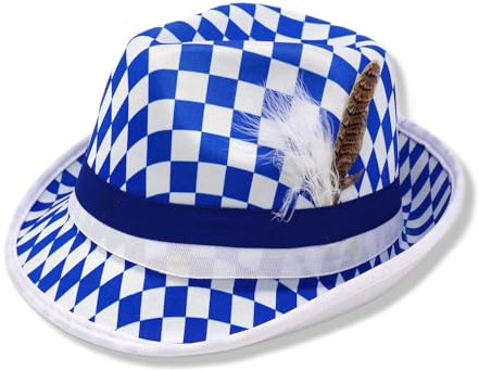 bayerischer Rautenhut Bayern BAVARIA (blau/weiß) mit Feder und Hutband Fendora - Tracht Karneval Oktoberfest Volksfest Fasching Junggesellenabschied Party
