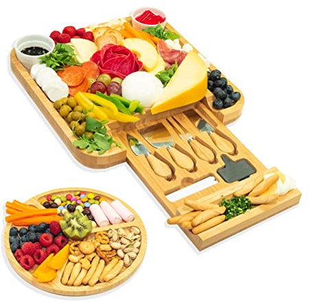 AYEEKO Bambu ostbräda och knivset, trä Charcuterie Board Set & ostbricka, husvärmande ost skärbräda ovanlig present för semester, födelsedag, möhippa, årsdag och bröllopspar