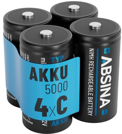 ABSINA 4X Baterías Recargables C Baby LR14 5000 con Baja Autodescarga - Pilas C NiMH con 1,2V y al Menos 4500mAh - Pila Recargable Baby C, batería Tipo C, batería Type C