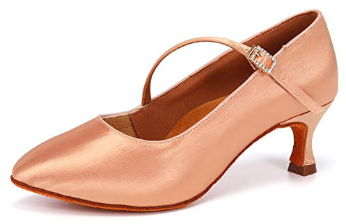 JUODVMP Damen Tanzschuhe mit Geschlossener Zehe Leichtes Fleisch Satiniert - 6cm Flare Absatz-Standard- und Gesellschaftstanzschuhe,38 EU