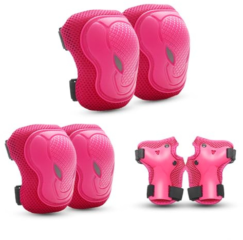 SHMSHNG Ginocchiere per bambini, set di ginocchiere per bambini per pattini in linea 6-in-1 attrezzatura protettiva per bambini di 3-8 anni Gomitiere Skateboarding Bicycle(Rosa)