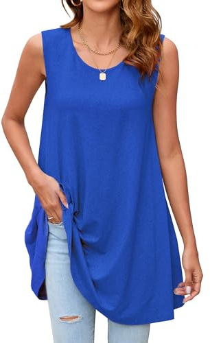 Enmain Royal Blue Vest Tops for Women UK Ladies Sleeveless Tunics Summer Long Tank Tops for Leggings Solid Color Casual Loose Blouse Stretchy S