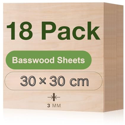 ROBOTIME Contreplaqué 3mm Lot de 18, 300 x300mm Planche Bois Brut Bouleau Panneau Feuille Découpe Pyrogravure Gavure Laser Bois