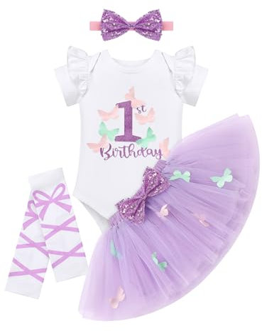 FYMNSI Baby M�dchen 1. Erster Geburtstag Outfit Schmetterling 1 Jahr Alt Party Fotoshooting Baumwolle Kurzarm Strampler Body Prinzessin T�t� Rock Pailletten Stirnband Beinw�rmer Set Lila 12-18 Monate