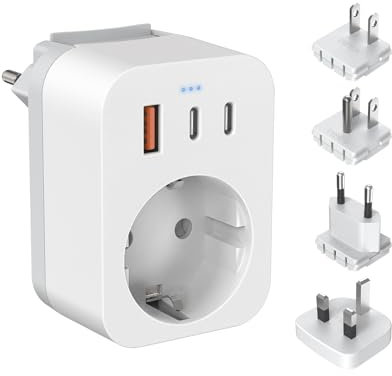 Reiseadapter Weltweit Set, Internationaler Steckdosenadapter mit 3 USB, 2 Typ C PD 20W, 4 abnehmbare Adapter für USA, Europa, England, Thailand, Japan, China