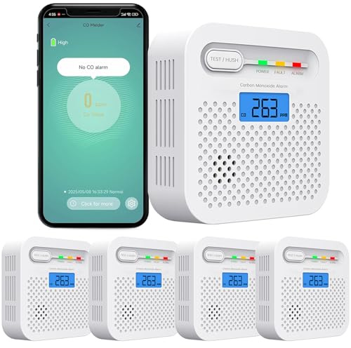 Detector de Monóxido de Carbono Inteligente WiFi 10 Anos de bateria,notificaciones Push en Tiempo Real a través de la aplicación de Seguridad Tuya y SmartLife, Pantalla LCD Digital (4 Pack)