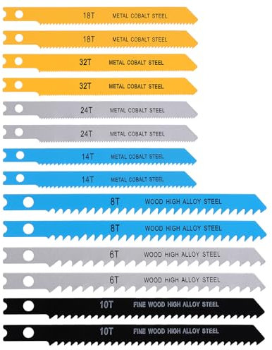 JIYIN Juego de hojas de sierra de calar con vástago en U, 14 hojas de sierra de calar con caja de almacenamiento para madera, plástico, metal, juego de cuchillas de sierra de calar, compatible con la