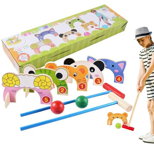 Heidouse Croquet Sets for Kids, Wooden Cartoon Animal Croquet Set with Mallets, Wickets & Balls, Smooth Cute Interactive Games for Lawn, Indoor