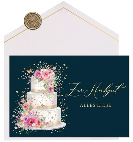 Joli Coon Papeterie Hochzeitskarte STARDUST Wedding Cake - Premium Hochzeit Glückwunschkarte mit FinePaper Kuvert und echtem Wachssiegel