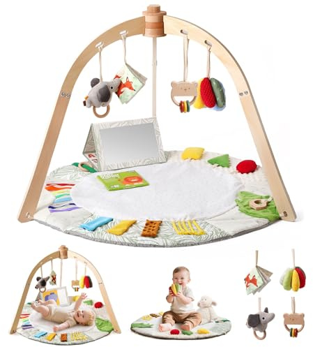 Promise Babe Baby Play Arch Made of Wooden Baby Gym Baby Play Mat Baby Gym 6 Interactive Sensory Toys for Motor Skills Sensory Development Suitable for Newborns (0-12+ Months)