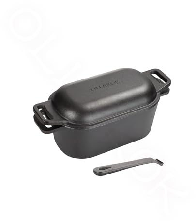 OLLAKOK 2-in-1 Pre-Seasoned Cast Iron Dutch Oven Pot with Lid as Skillet, Grill Pan, with Lid Lever, Dual Loop Handles, Oval Heavy Dutch Oven for Bread Baking, Frying, Camping, BBQ, 3.8 QT Black