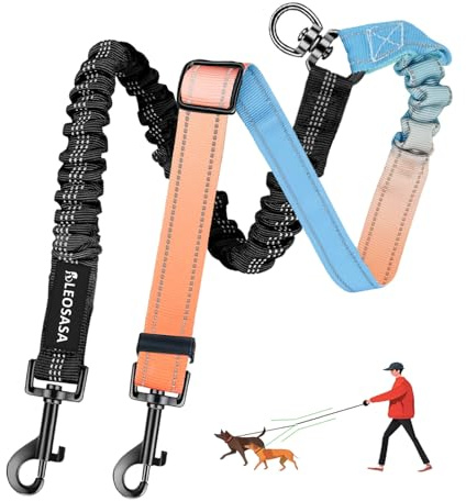 LEOSASA Double Dog Leash for Two Dogs - Gradient Color No Tangle Swivel Dog Coupler with Heavy Duty Clip, Size Adjustable Bungee Leash Attachment for Small, Medium, Large 2 Dogs, Style 2