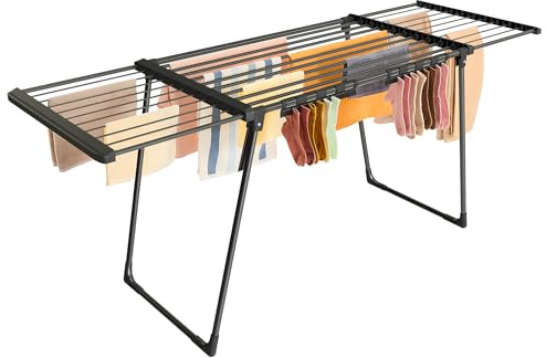 SONGMICS Stendibiancheria Pieghevole, Stendino da Terra, Ali Estensibili, Superficie di Asciugatura 22 m, con Porta Calzini, Nero Inchiostro LLR522BH01