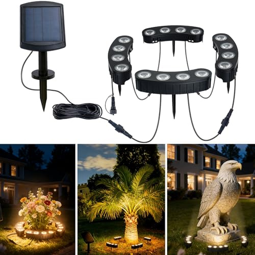 Solar Tree Lights Outdoor, Palm Tree Ring Lights with 3-in-1 Tie/Stake/Hang Installation, Warm White LED Tree Uplighting, 2000mAh Battery IP65 Waterproof Solar Tree Spotlights for Yard, Garden