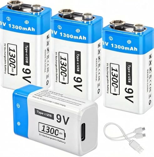 FLSTOR - Batería recargable de 9 V, 1300 mAh, 9 V, de ion de litio, para instrumentos musicales, electrónica doméstica, seguridad y dispositivos de seguridad, cámaras, juguetes, 4 unidades