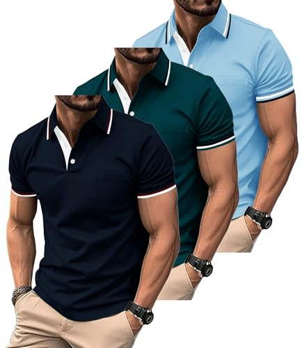 ZITY Polo para Hombre Paquete de 3 Polo Manga Corta Camiseta Golf Trabajo Transpirable Camiseta Informal con Bolsillo Verano Tres Piezas T Shirt para Vacaciones
