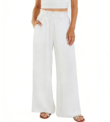 Neteson Pantalon Fluide Femme Été Lin Léger Ample Pantalon Palazzo Large | Taille Haute Elastique Pantalon de Plage Décontracté avec Poches