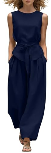 Set 2 pezzi da donna estivi casual, coordinati, con top a manica corta e pantaloni a gamba larga con tasche, chiusura a nodo sul davanti, comodi per il tempo libero e per viaggi brevi in aeroporto