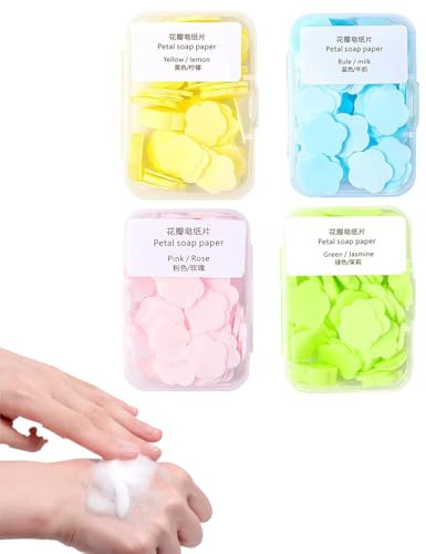 UEAVOID Hojas de Jabón de Manos Portátiles, 4 Cajas Papel Jabón Mini Desechable para Viajes, Camping y Oficina (Amarillo, Azul, Rosa, Verde)