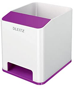 Leitz Sound Stifteköcher mit Soundverstärkungsfunktion, Stiftehalter inkl. Smartphone Fach mit Soundverstärkungsfunktion, Weiß/Violett, Duo Colour, WOW, 53631062