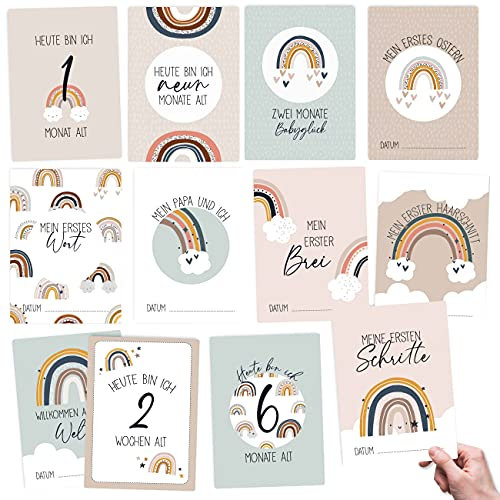 Papierdrachen 32 Meilensteinkarten für Babys und Kleinkinder - für Jungen und Mädchen - Regenbogen - Geschenkidee zur Geburt, Babyparty oder Taufe - Milestone Cards