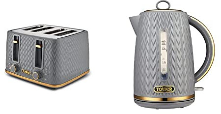 Tower T20061GRY Empire 4-Slice Toaster with Defrost/Reheat, Removable Crumb Trays, 1600W, Grey and Brass & T10052GRY Empire Rapid Boil Kettle with Removable Filter, 3000W, Grey and Brass