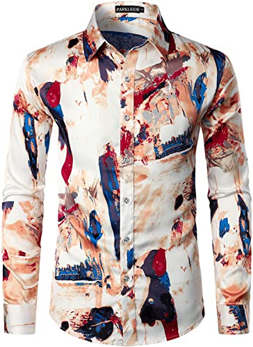 PARKLEES Chemises pour homme Hipster en soie imprimée, coupe ajustée, manches longues, boutonnées en satin, M