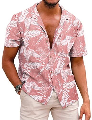 COOFANDY Hawaiianska blommiga skjortor för män bomull linne button down tropisk semester strandskjortor, H- Palmblad, 3XL