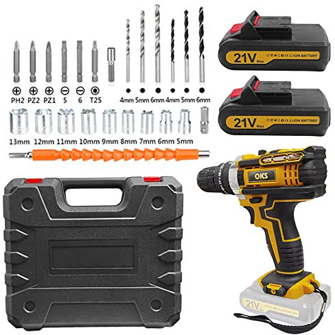 Cordless Drill Driver, 21V Electric Drill Screwdriver Kit with 25+1 Torque, 2 Speed with 2 Batteries 2.0Ah, LED Light for Home and Garden DIY Project (Yellow)