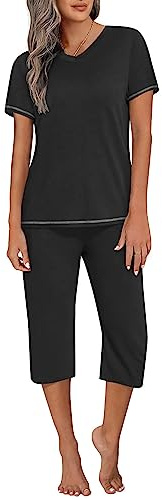 Ekouaer Women's Sleepwear Capri Pajama Sets Short Sleeve Two-Piece Pjs V Neck Tops & Capri Pants with Pockets S-3XL Black