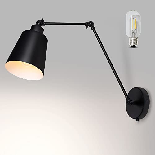 TYhogar Lampada da Parete Braccio Oscillante con Interruttore, 60CM Nera Opaca Specchio da Camera Illuminazioni per Pareti Lampade Applique Lampada da Comodino Luce Di Lettura (Includi lampadina)