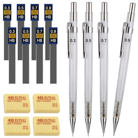 JIANTA 4 Druckbleistifte 0,3, 0,5, 0,7, 0,9 mm, mechanische automatische Bleistifte mit 96 HB, auswechselbare Bleistiftmine und 4 Ersatzradiergummis für Zeichnungen, Handwerk, Skizzen