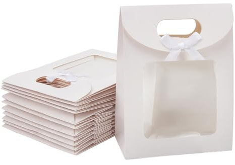 NBEADS 24 Pz Piccola Sacchetti Di Carta Kraft Bianca Con Finestra Trasparente, 16x6.2x12cm Mini Borsa Regalo Stand Up Con Manici e Fiocco Per Confezionare Bomboniere E Decorazioni Per Le Feste