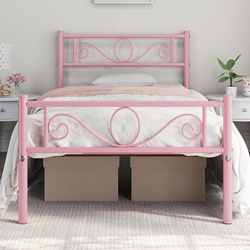 Yaheetech 3ft Single Metal Bed Frames Platform Bed with Scroll Design Headboard and Footboard,Ground clearance: 32 cm/Pink