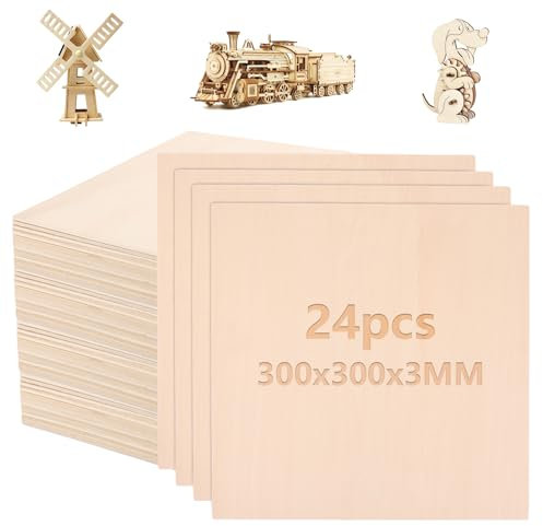 CYEER Lot de 24 plaques de contreplaqué de 3 mm, 300 x 300 mm, contreplaqué, bois de tilleul, bois de balsa, panneaux en bois pour bricolage, art et artisanat, projets laser, gravure creuse