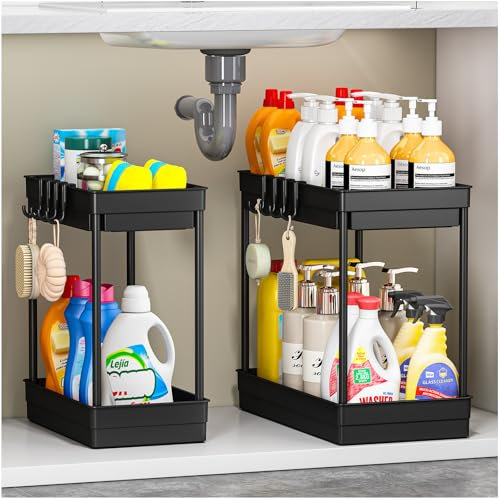 TidyTrove Küchenregal – 2er Set Spülschrank Aufbewahrungsregal unter dem Waschbecken, Mehrzweck Ablageregal für Küche oder Bad, Schwarz