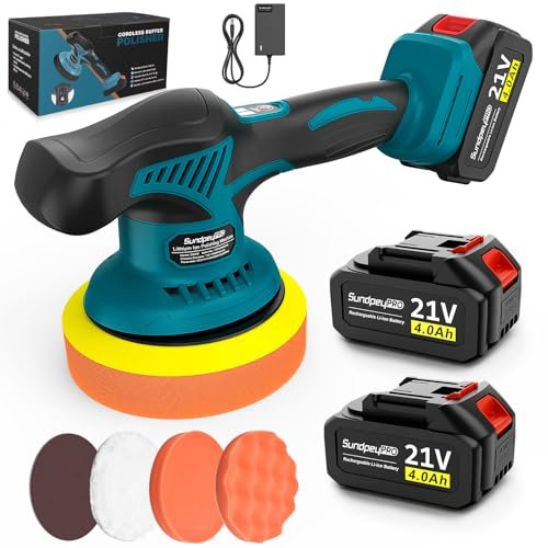 SundpeyPRO Poliermaschine Auto Akku, 21V Akku Poliermaschine mit 2 * 4000mAh Akkus & 8 Variablen Geschwindigkeiten & 6000RPM, Poliermaschine für die Autopflege Polieren Wachsen Entfernen von Kratzern